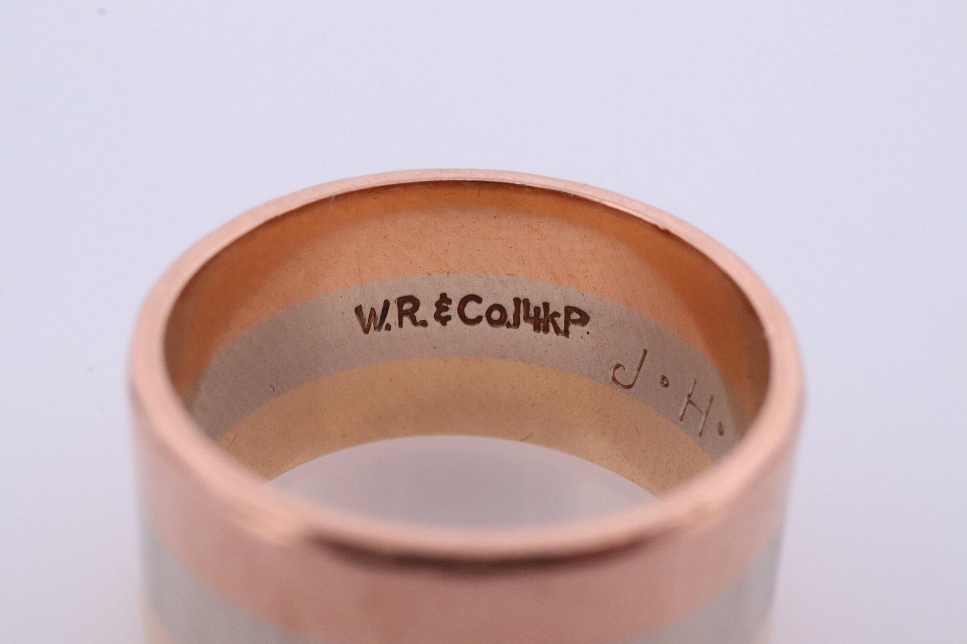 14k Wide Cigar band. W.R.&Co Vintage Tricolor Gold Ring. White Yellow Rose Gold Cigar Band.