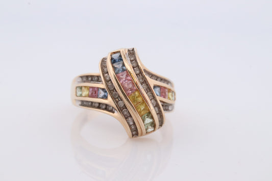 Multi-Color Sapphire Ring. 14k Yellow Gold ring. Colorful Sapphire channel set. Sapphire with diamonds.