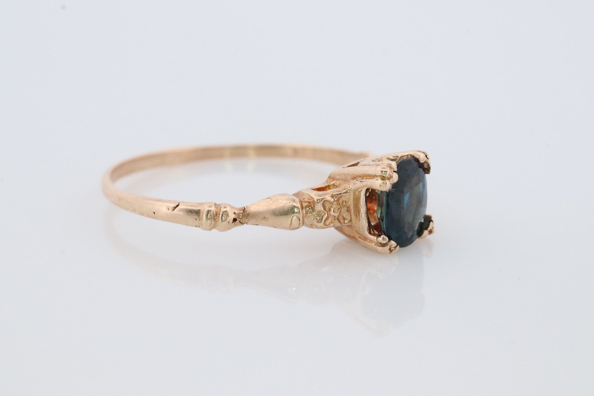 Otsby Barton Sapphire Ring. 10k Yellow Gold Square Claw Design. OB from Art Deco 1920 Era. Oval Sapphire Claw ring.