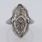 18k Filigree three diamond shield ring. 18k Art Deco trio triple diamond shield ring. Antique Shield Diamond ring.