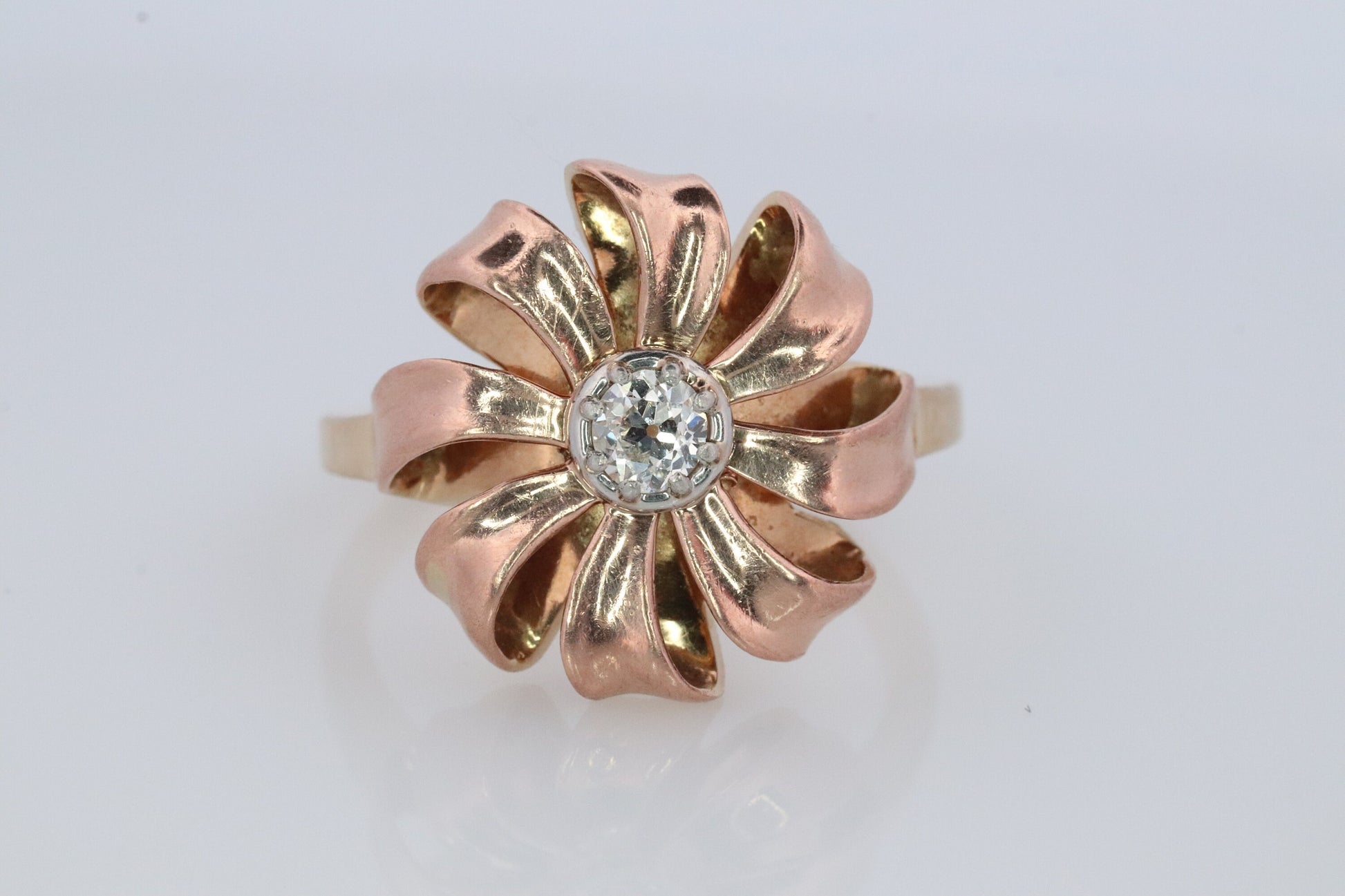 JABEL 14k Platinum Diamond Solitaire ring. Vintage 14k Large Flower Starburst JABEL.