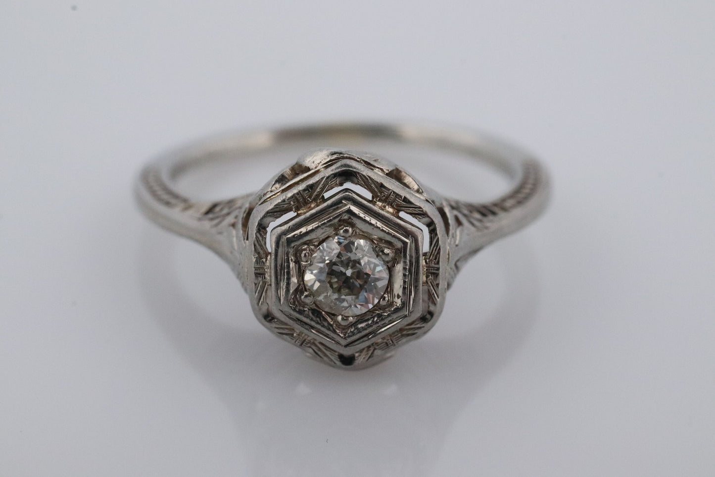 18k Art Deco Diamond ring. 18k White Gold Filigree Ring. Open Hexagonal Setting Engagement ring