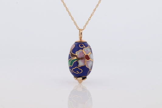 14k EGG Necklace. 14k Yellow Gold Enamel Egg Pendant charm with wheat chain necklace. st77