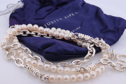 Authentic Judith Ripka JR Sterling Silver Pearl 34in Necklace, Judith Ripka 925 Silver Oval Cable Link Adjustable Convertible Long