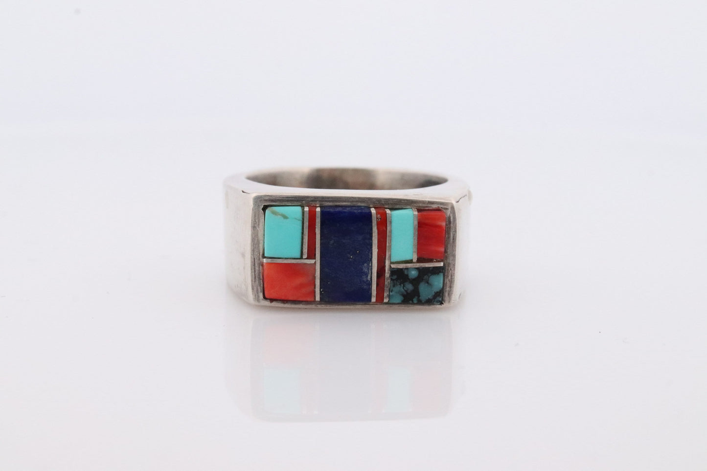 Heavy Navajo Sterling Silver Signet ring. Lapis Turquoise Coral Inlay Design. Mariann Mary Ann Spencer Navajo Tribe. Native American Zuni