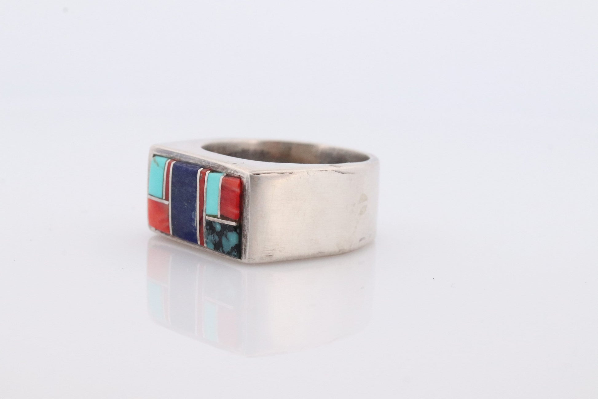 Heavy Navajo Sterling Silver Signet ring. Lapis Turquoise Coral Inlay Design. Mariann Mary Ann Spencer Navajo Tribe. Native American Zuni