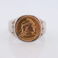 18k Heavy Signet ring. Aztec Mayan or Inca with Warrior Head Chief Bust. 18k Embossed coin Sterling Silver band