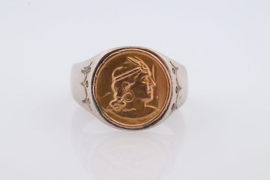 18k Heavy Signet ring. Aztec Mayan or Inca with Warrior Head Chief Bust. 18k Embossed coin Sterling Silver band