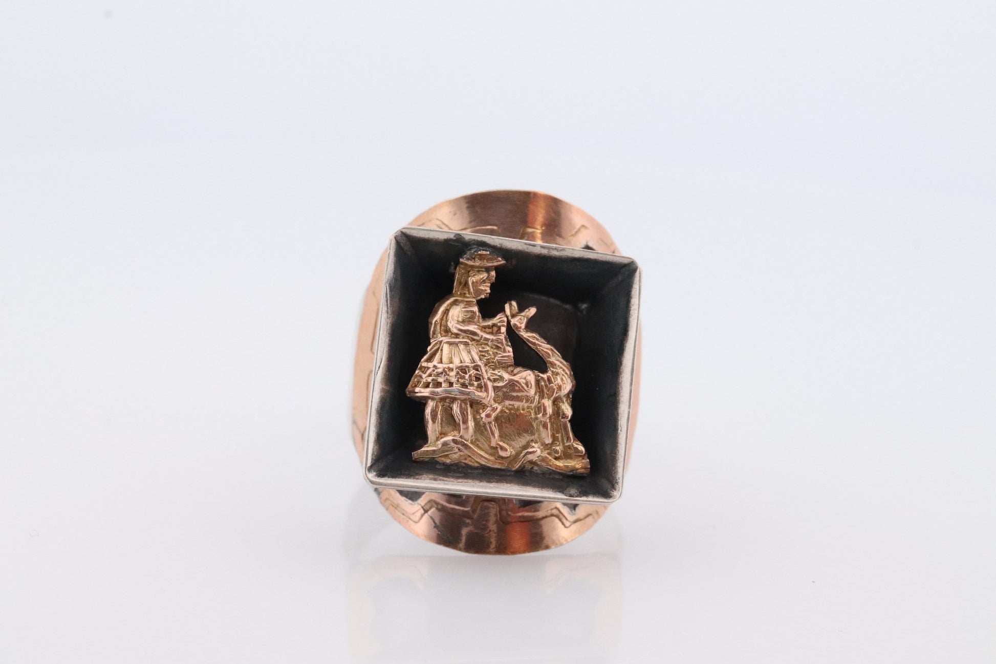 18k Heavy Signet ring. Aztec Mayan or Inca with Llama Alpaca Farmer Bust. Enamel 18k Embossed coin Sterling Silver band