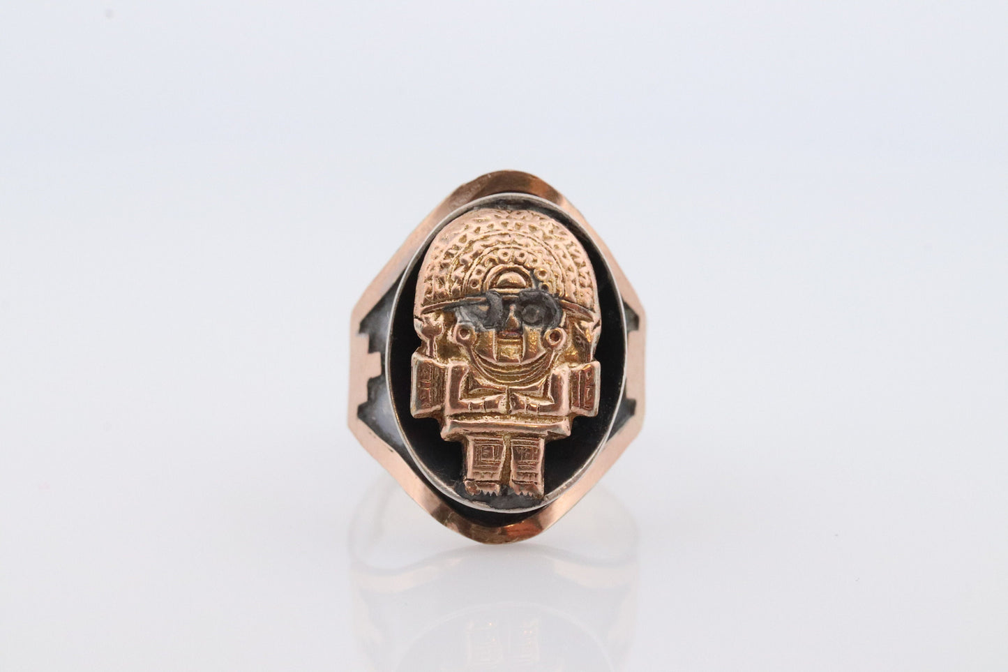 18k Heavy Signet ring. Aztec Mayan or Inca with Warrior Head Chief Bust. Red Enamel 18k Embossed coin Sterling Silver band