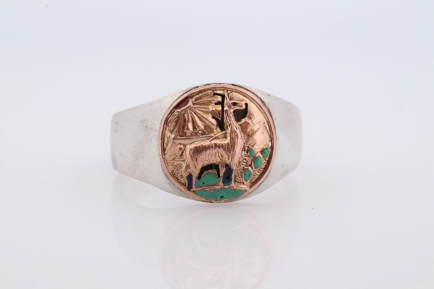 18k Heavy Signet ring. Aztec Mayan or Inca with Llama Alpaca Scenery Bust. Turquoise Enamel 18k Embossed coin Sterling Silver band