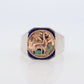 18k Heavy Signet ring. Aztec Mayan or Inca with Llama Alpaca Scenery Bust. Turquoise Enamel 18k Embossed coin Sterling Silver band