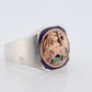 18k Heavy Signet ring. Aztec Mayan or Inca with Llama Alpaca Scenery Bust. Turquoise Enamel 18k Embossed coin Sterling Silver band