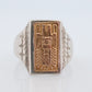 18k Heavy Signet ring. Aztec Mayan or Inca with Warrior Head Chief Bust. Red Enamel 18k Embossed coin Sterling Silver band