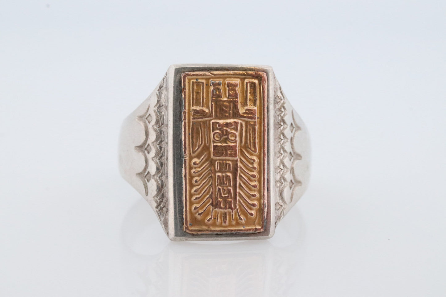 18k Heavy Signet ring. Aztec Mayan or Inca with Warrior Head Chief Bust. Red Enamel 18k Embossed coin Sterling Silver band