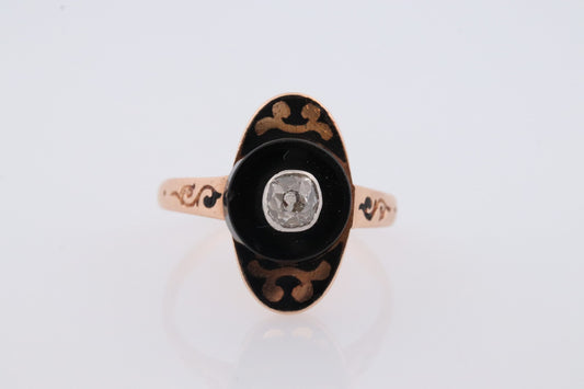 Antique Onyx and Diamond Ring. 14k Yellow Gold Onyx and Old Mine cut Diamond ring. Mourning Victorian Antique ring. Enamel Design.