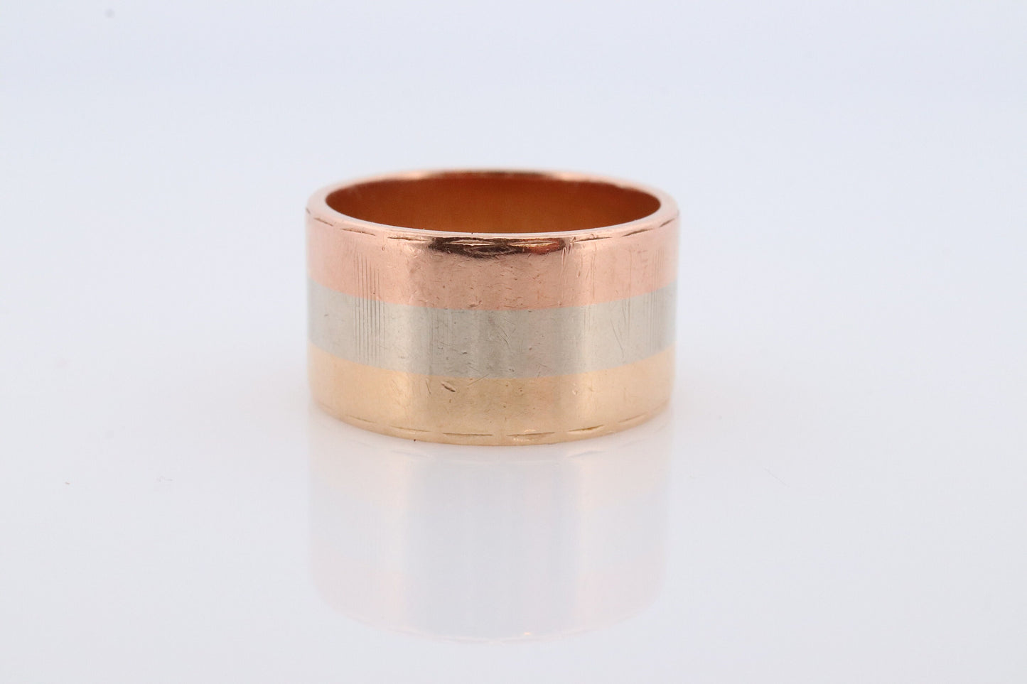 14k Wide Cigar band. W.R.&Co Vintage Tricolor Gold Ring. White Yellow Rose Gold Cigar Band.