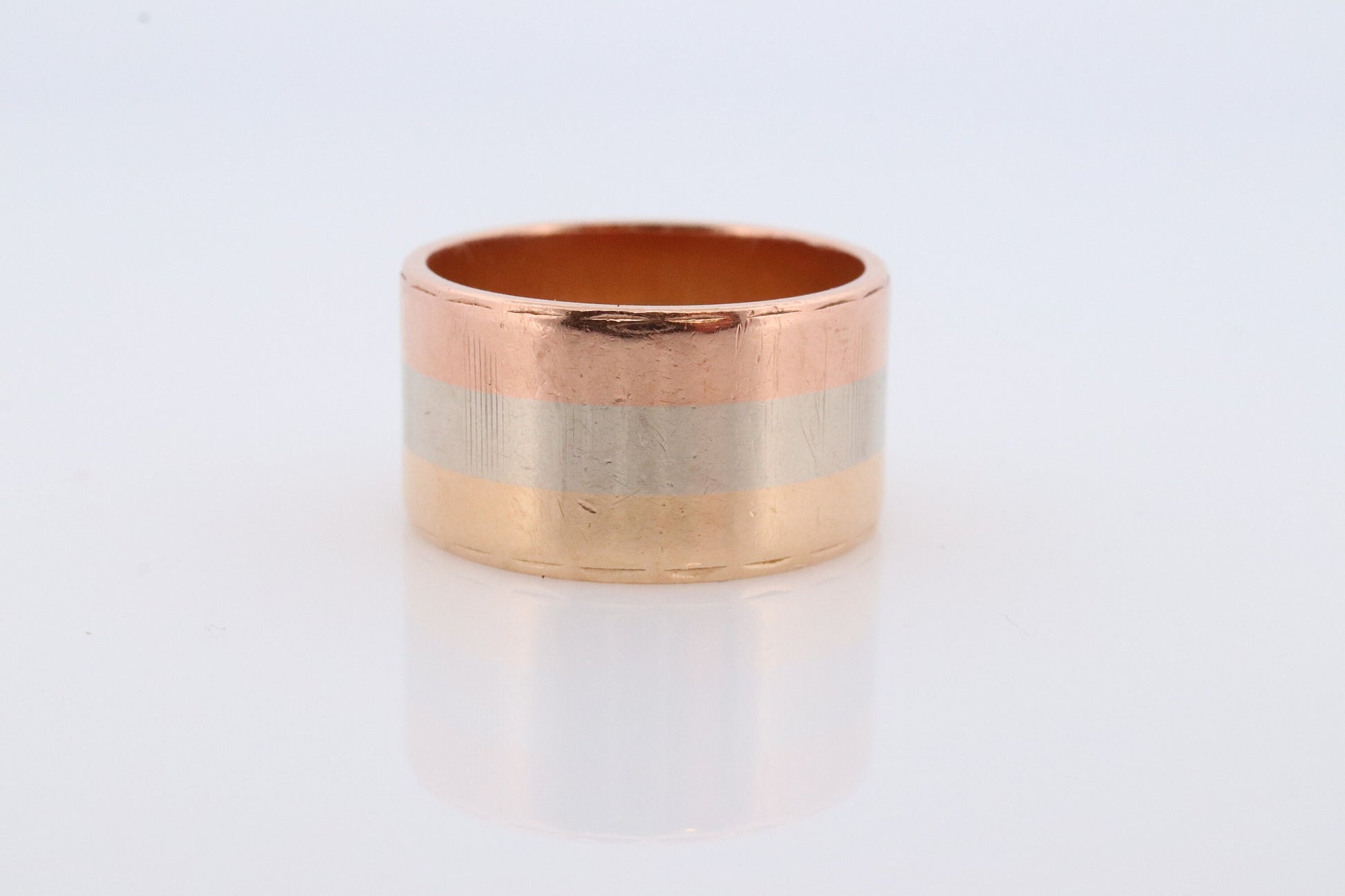 14k Wide Cigar band. W.R.&Co Vintage Tricolor Gold Ring. White Yellow Rose Gold Cigar Band.