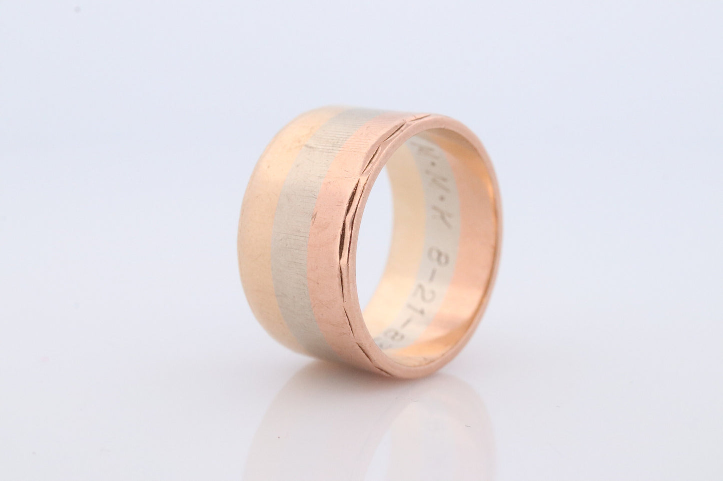 14k Wide Cigar band. W.R.&Co Vintage Tricolor Gold Ring. White Yellow Rose Gold Cigar Band.