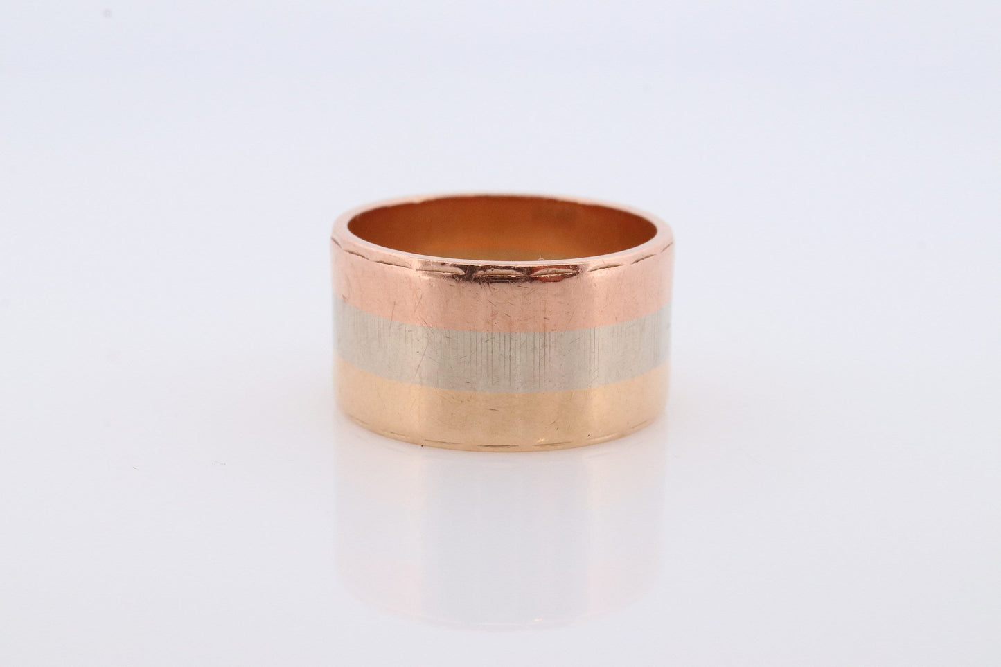 14k Wide Cigar band. W.R.&Co Vintage Tricolor Gold Ring. White Yellow Rose Gold Cigar Band.