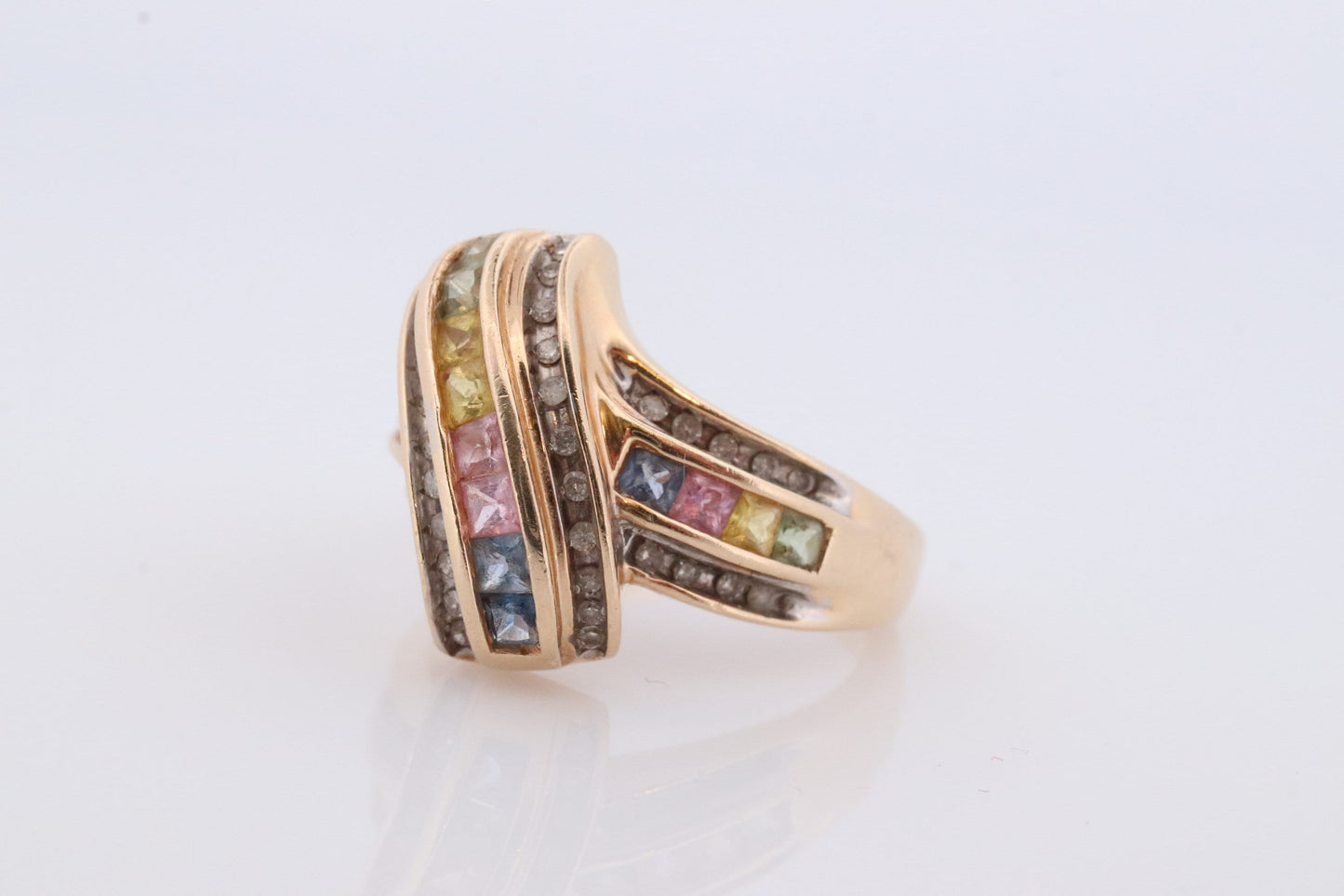 Multi-Color Sapphire Ring. 14k Yellow Gold ring. Colorful Sapphire channel set. Sapphire with diamonds.