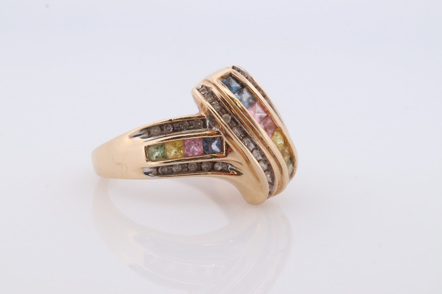 Multi-Color Sapphire Ring. 14k Yellow Gold ring. Colorful Sapphire channel set. Sapphire with diamonds.