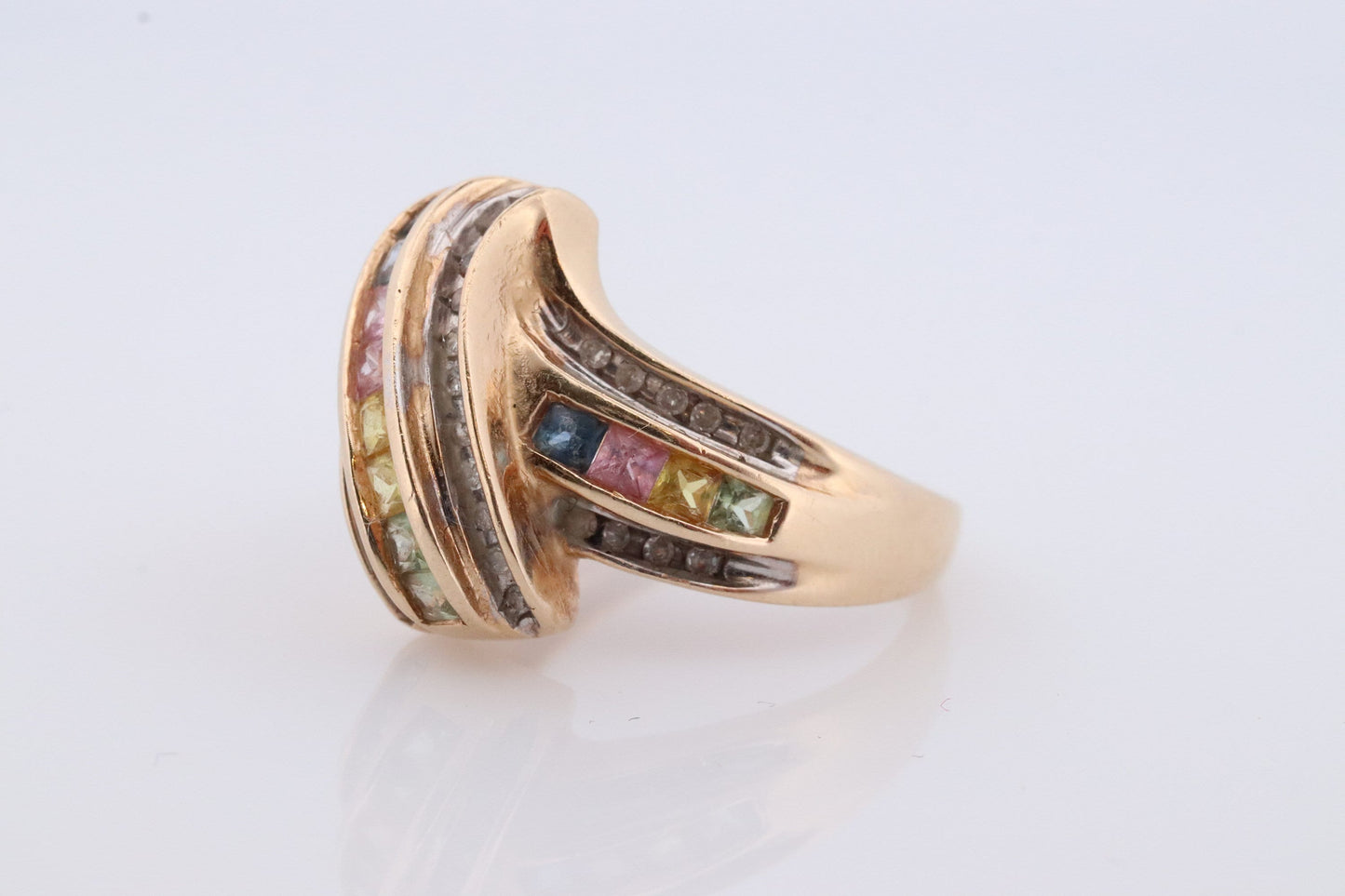 Multi-Color Sapphire Ring. 14k Yellow Gold ring. Colorful Sapphire channel set. Sapphire with diamonds.