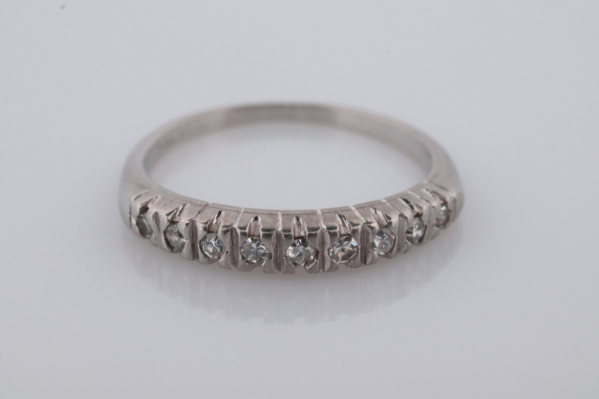 Antique Platinum Diamond eternity channel band. Art Deco diamond eternity infinity band.