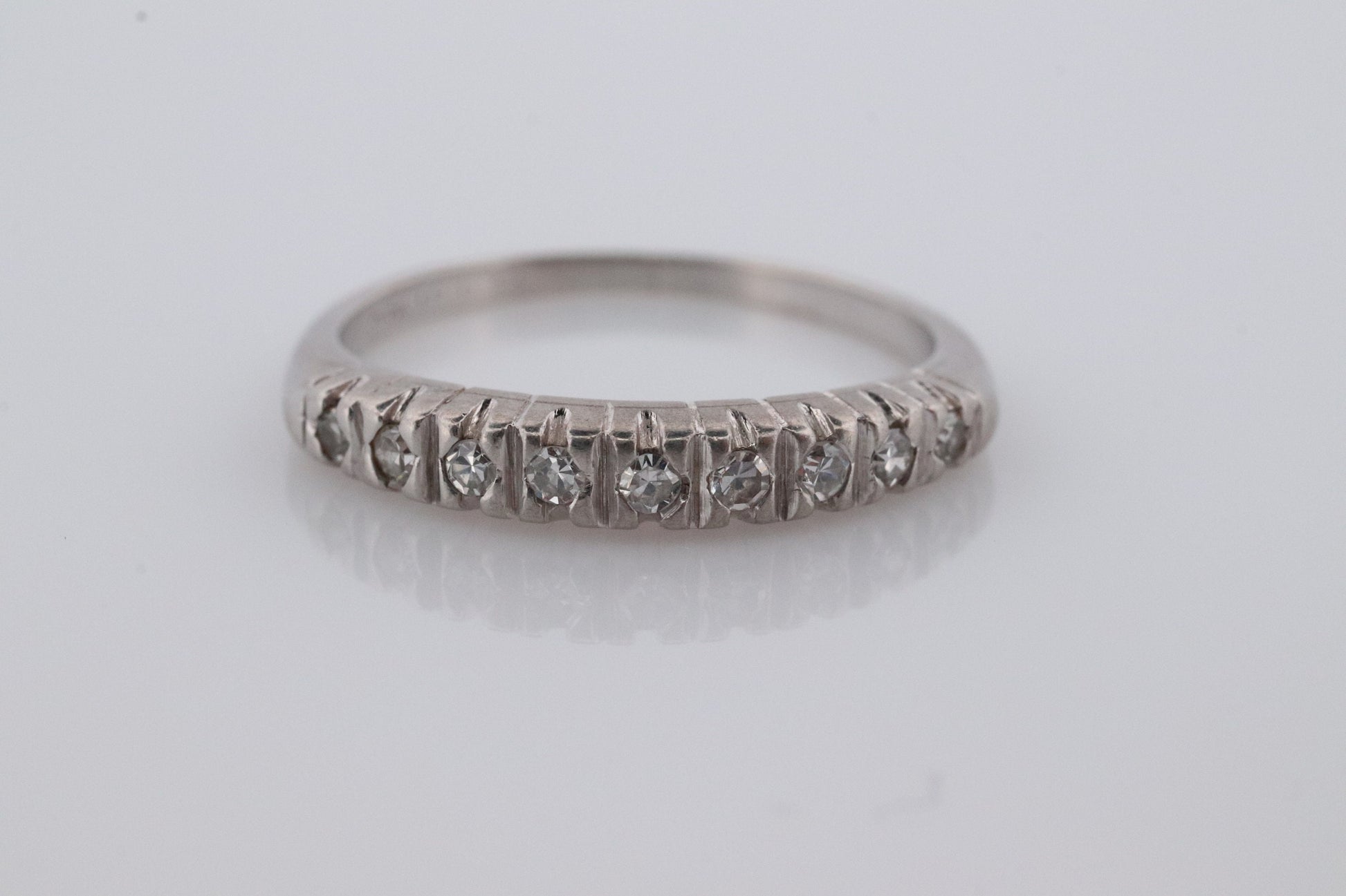 Antique Platinum Diamond eternity channel band. Art Deco diamond eternity infinity band.