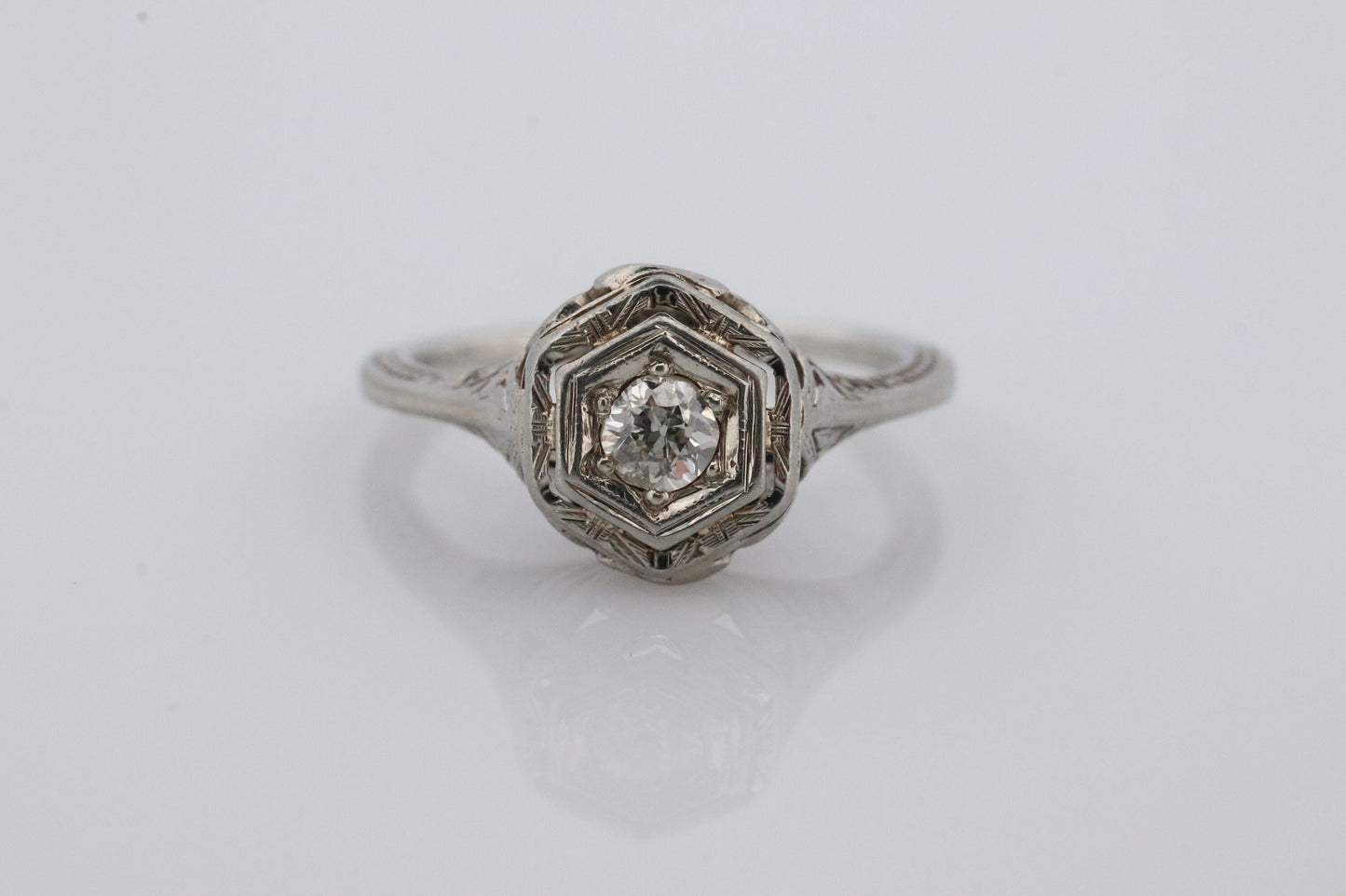 18k Art Deco Diamond ring. 18k White Gold Filigree Ring. Open Hexagonal Setting Engagement ring