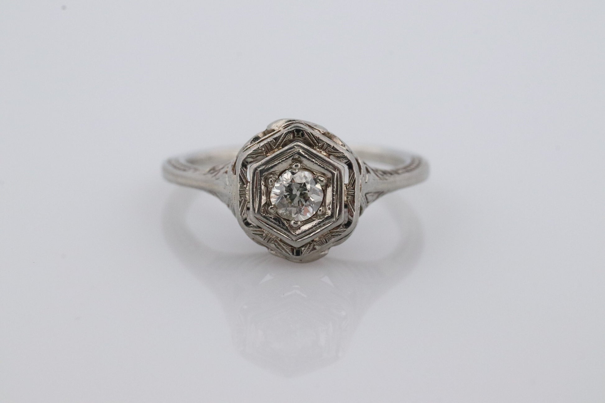 18k Art Deco Diamond ring. 18k White Gold Filigree Ring. Open Hexagonal Setting Engagement ring