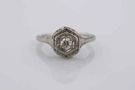 18k Art Deco Diamond ring. 18k White Gold Filigree Ring. Open Hexagonal Setting Engagement ring