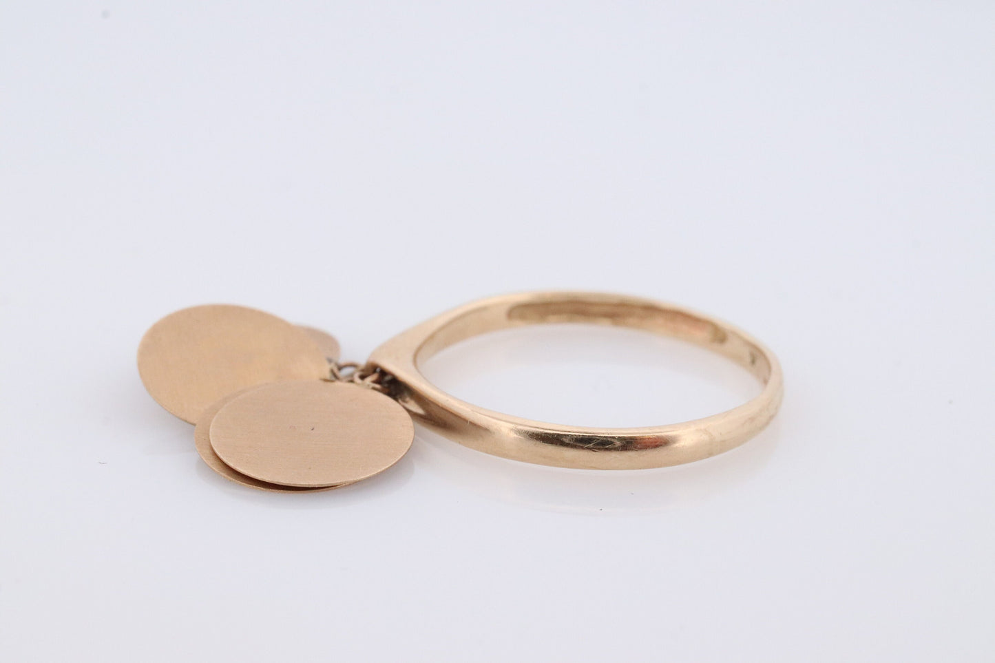 14k Dangle Charm ring. 14k Coin Medallion dangle ring. Round Charm Disk Disc band.