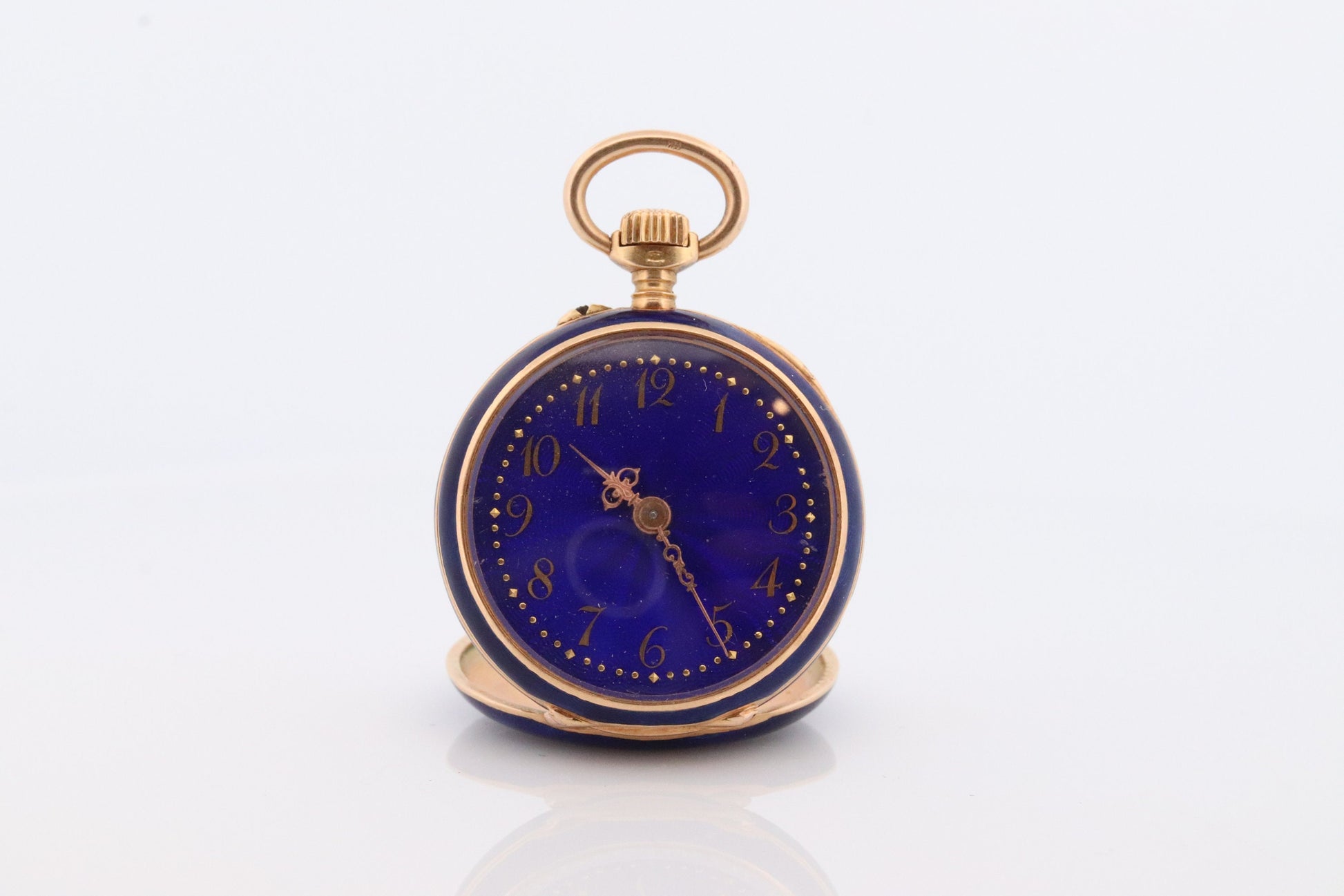 18k Gold Pocket Watch. Antique Blue enamel with rose cut diamonds. Fleur de Lis Flower Pocket watch.