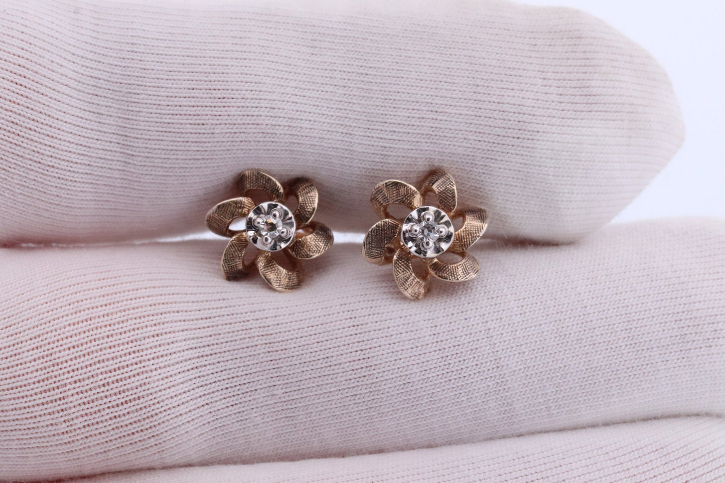 10k Diamond Flower or Star stud earrings. Flower Diamond Solitaire earrings. Propeller Flower Studs.