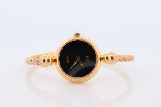 Vintage GUCCI 2700 Quartz Watch Timepiece. Gucci Black Face Gold Tone Bangle Wrist Watch Ladies. Original Paperwork / Box