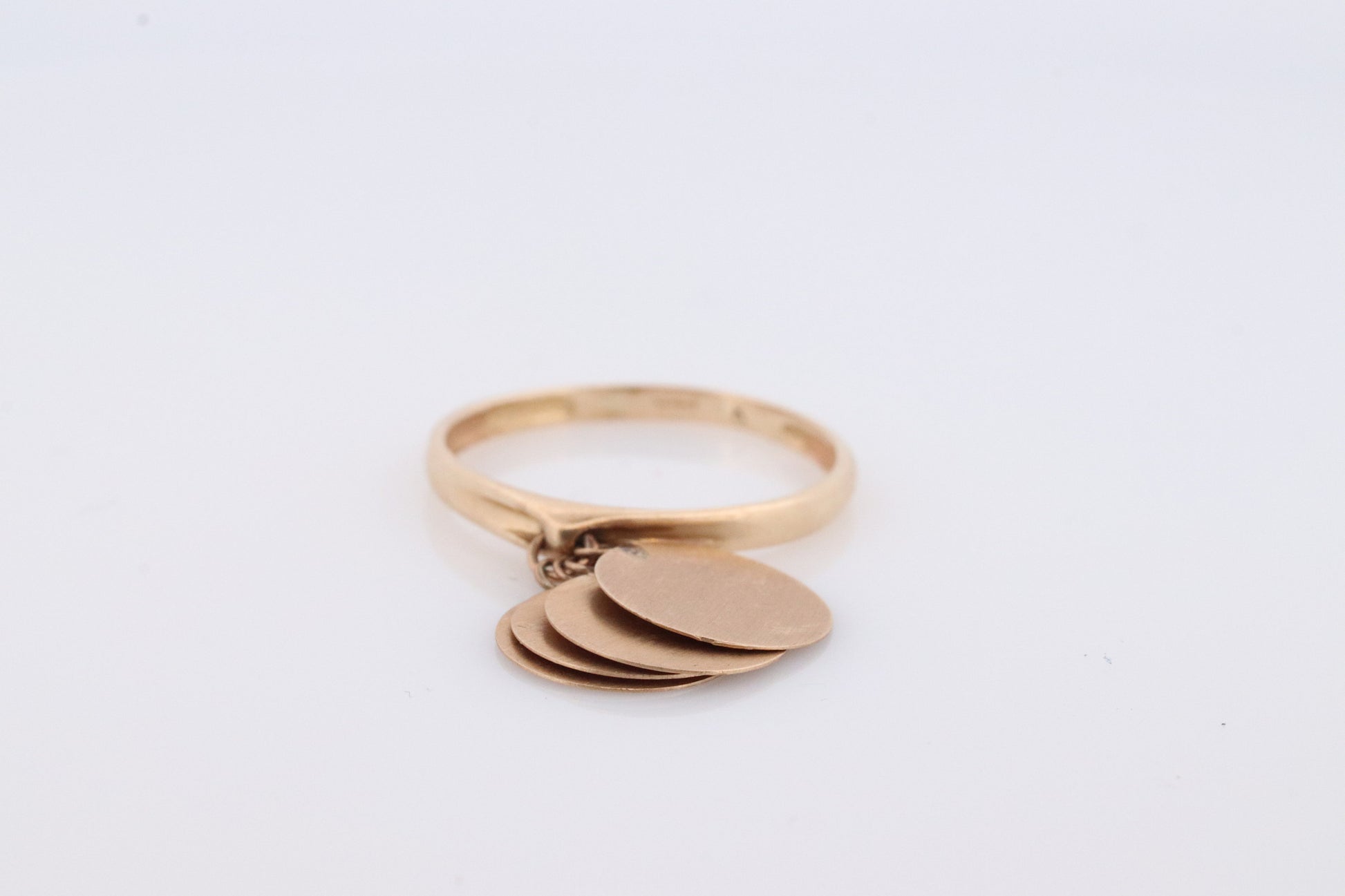 14k Dangle Charm ring. 14k Coin Medallion dangle ring. Round Charm Disk Disc band.