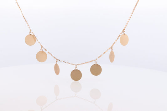 14k Dangle Charm Necklace. 14k Coin Medallion dangle Pendant Necklace. Round Charm Disk Disc Chain.