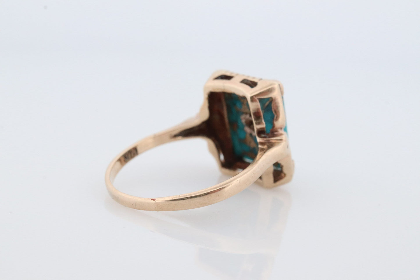 10k Turquoise and diamond ring. Copper Vein Turquoise and center diamond multi-tone yellow gold ring. Mourning Ring Victorian.