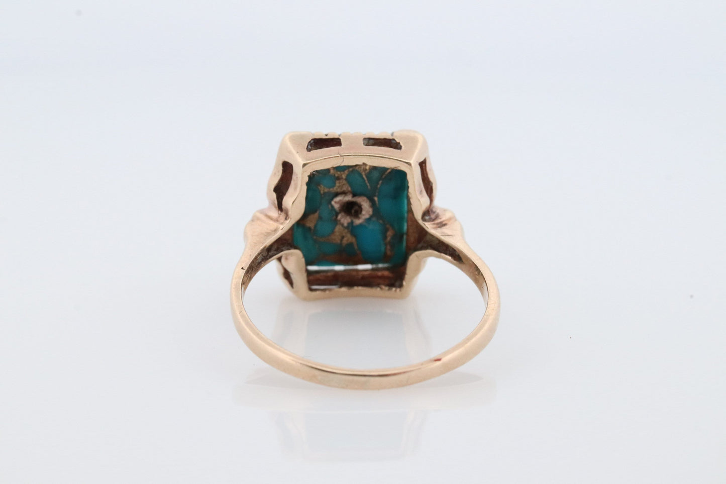 10k Turquoise and diamond ring. Copper Vein Turquoise and center diamond multi-tone yellow gold ring. Mourning Ring Victorian.