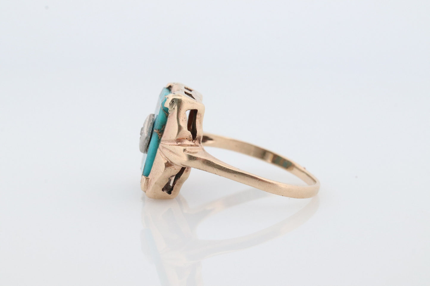 10k Turquoise and diamond ring. Copper Vein Turquoise and center diamond multi-tone yellow gold ring. Mourning Ring Victorian.