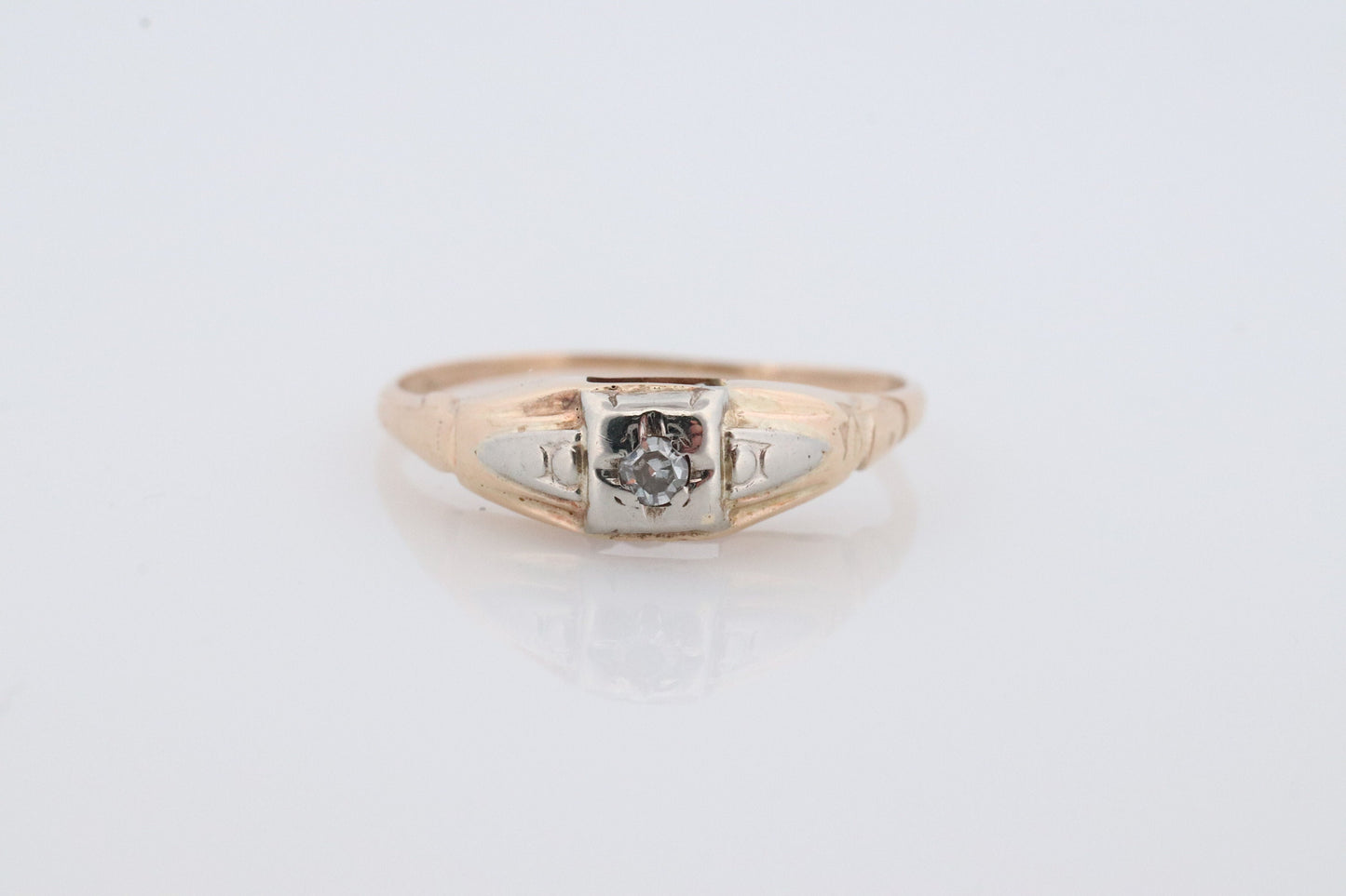 14k Art Deco Diamond ring. 14k Yellow Gold Square cathedral Ring. Engraved Flower.