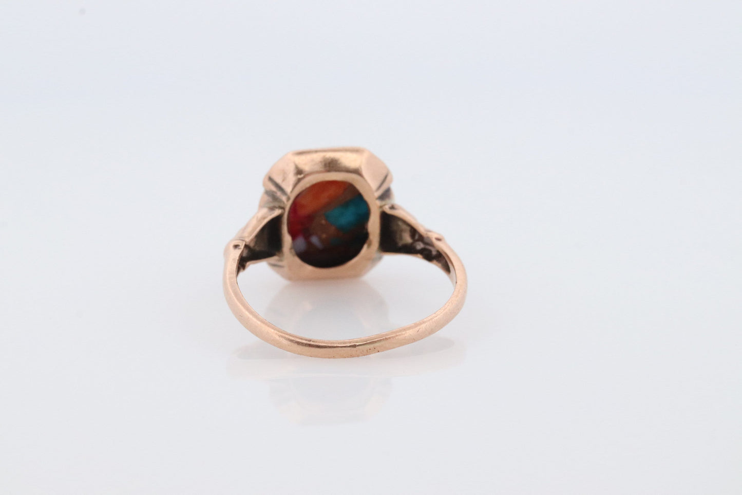 10k DAHLIA Cabochon ring. Copper Vein Turquoise and Oyster collage gem. Dahlia multi color gem.