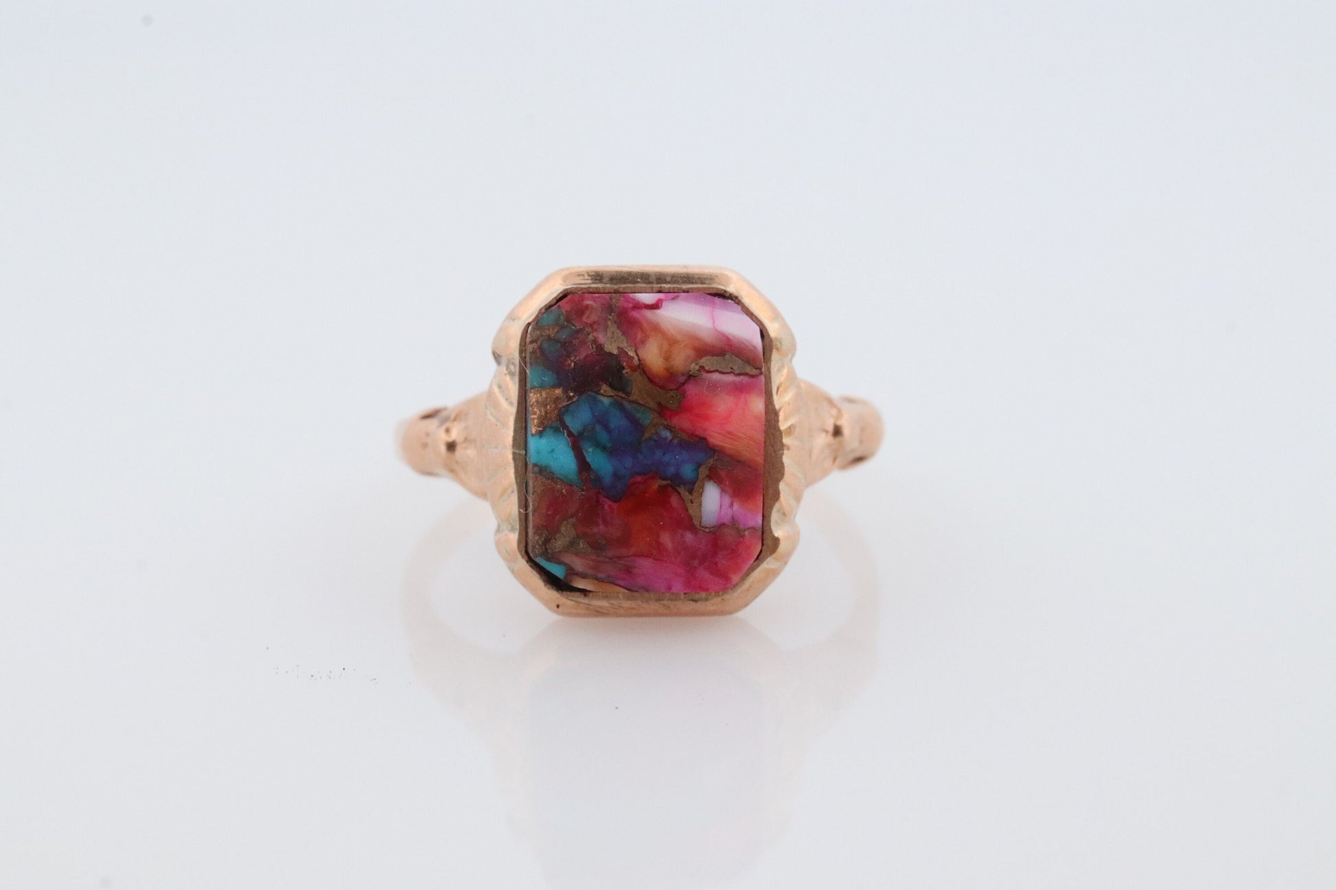 10k DAHLIA Cabochon ring. Copper Vein Turquoise and Oyster collage gem. Dahlia multi color gem.