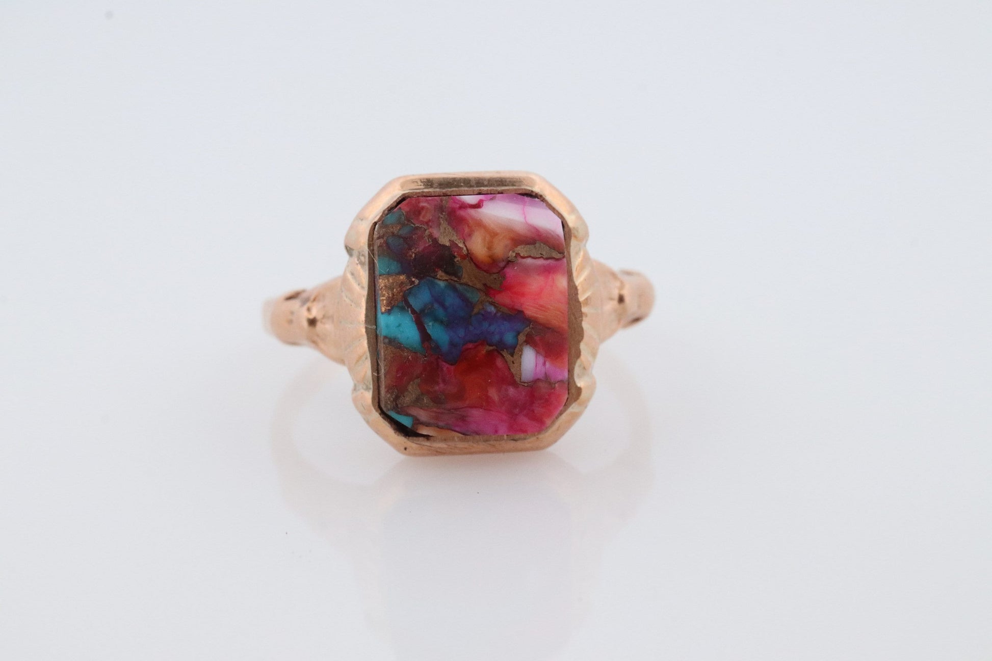 10k DAHLIA Cabochon ring. Copper Vein Turquoise and Oyster collage gem. Dahlia multi color gem.