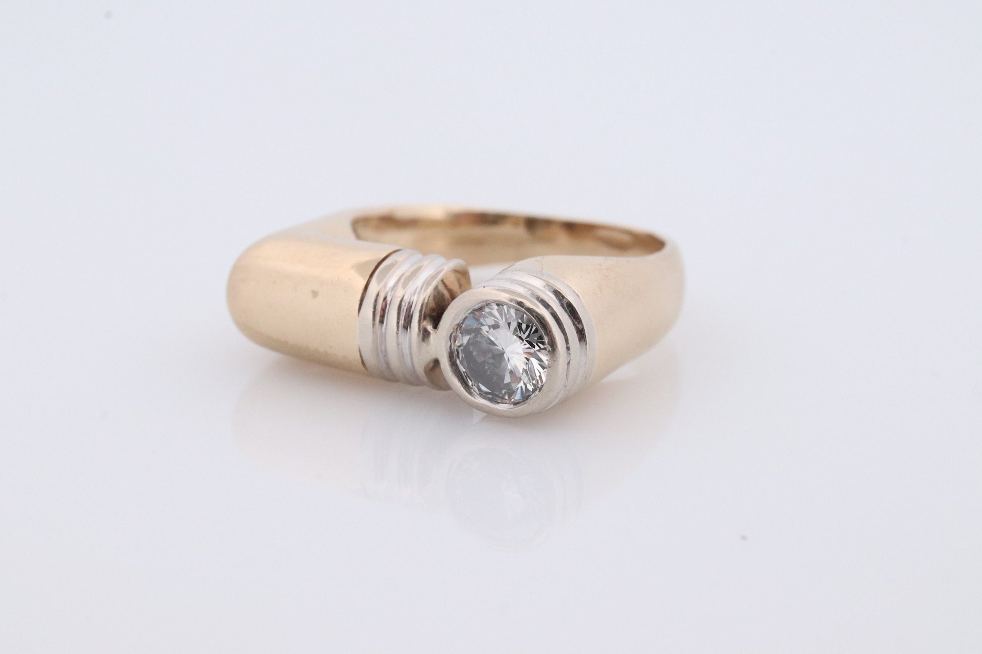 14k Diamond Solitaire Flat signet ring. 0.60ct Diamond bezel set into Signet band. Pinky ring. Large Diamond Solitaire.