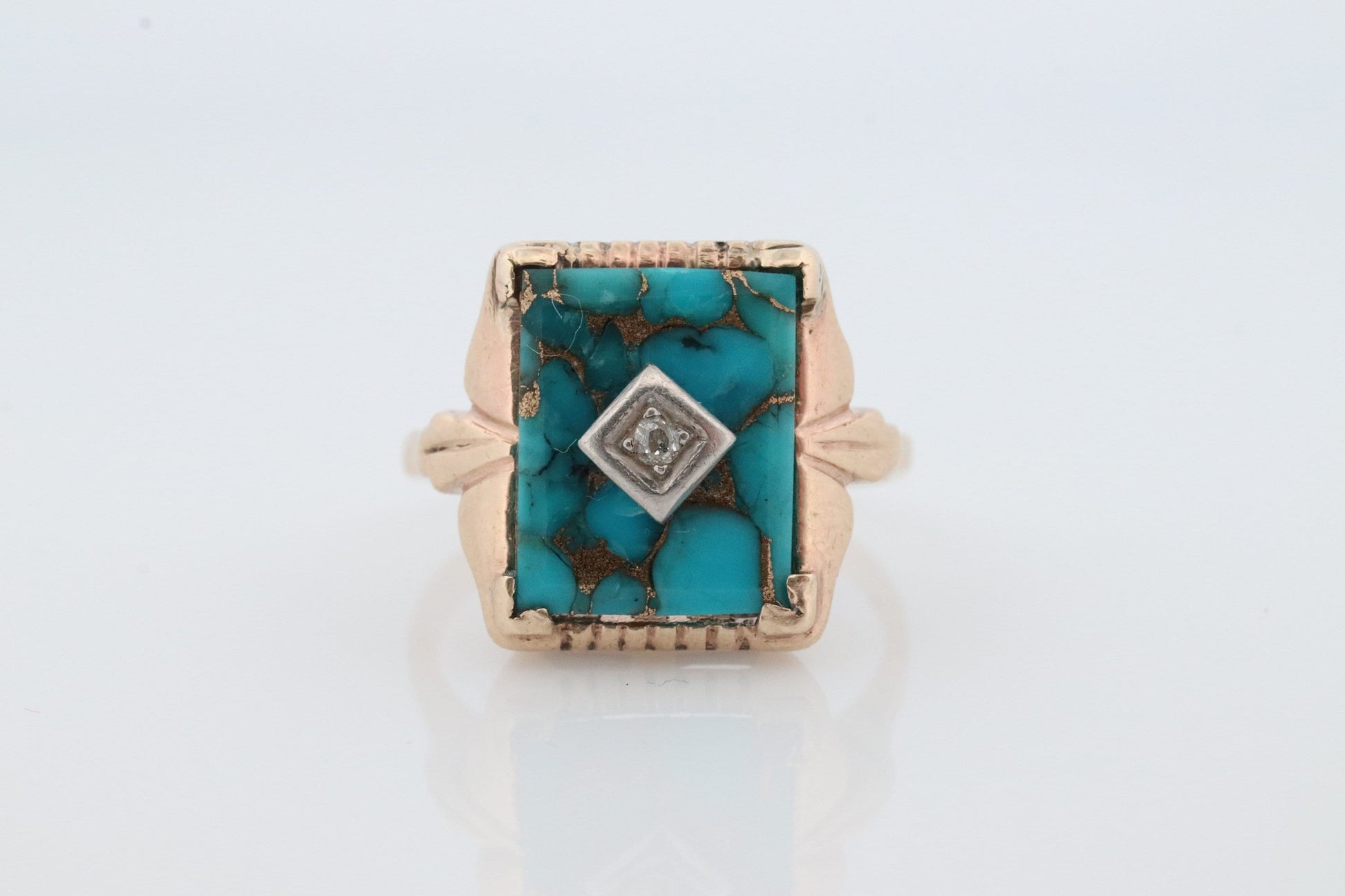 10k Turquoise and diamond ring. Copper Vein Turquoise and center diamond multi-tone yellow gold ring. Mourning Ring Victorian.