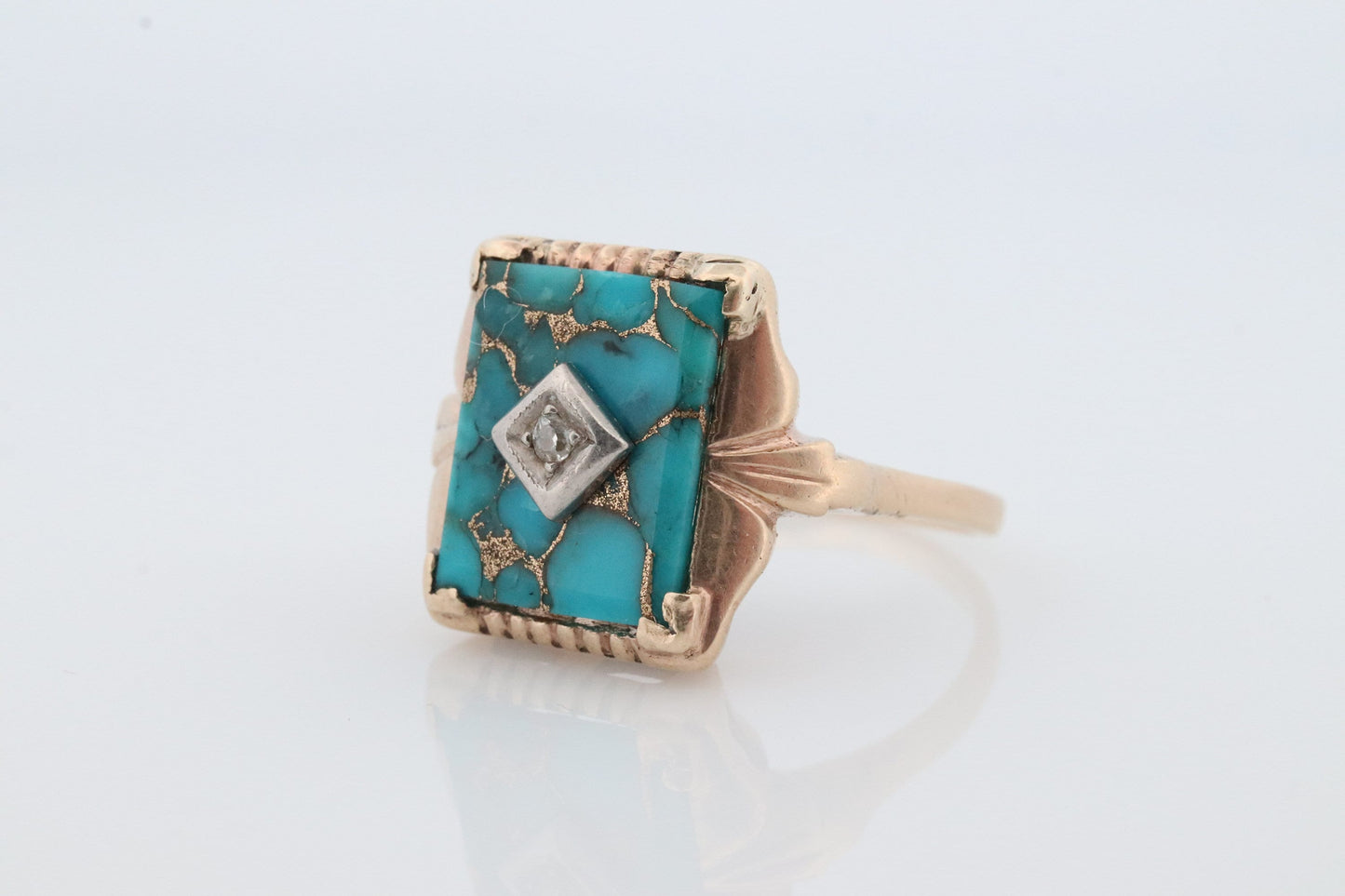 10k Turquoise and diamond ring. Copper Vein Turquoise and center diamond multi-tone yellow gold ring. Mourning Ring Victorian.