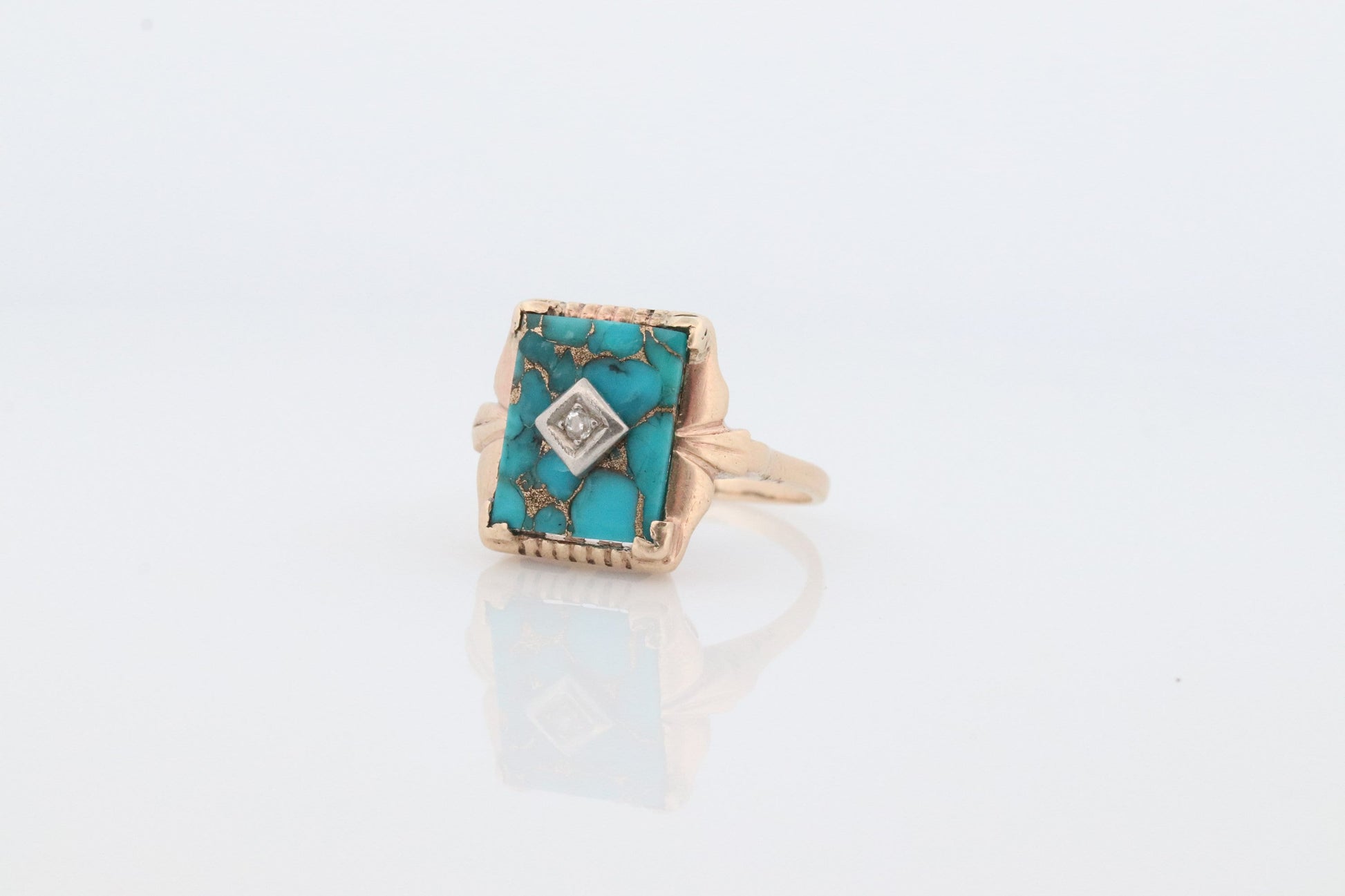 10k Turquoise and diamond ring. Copper Vein Turquoise and center diamond multi-tone yellow gold ring. Mourning Ring Victorian.