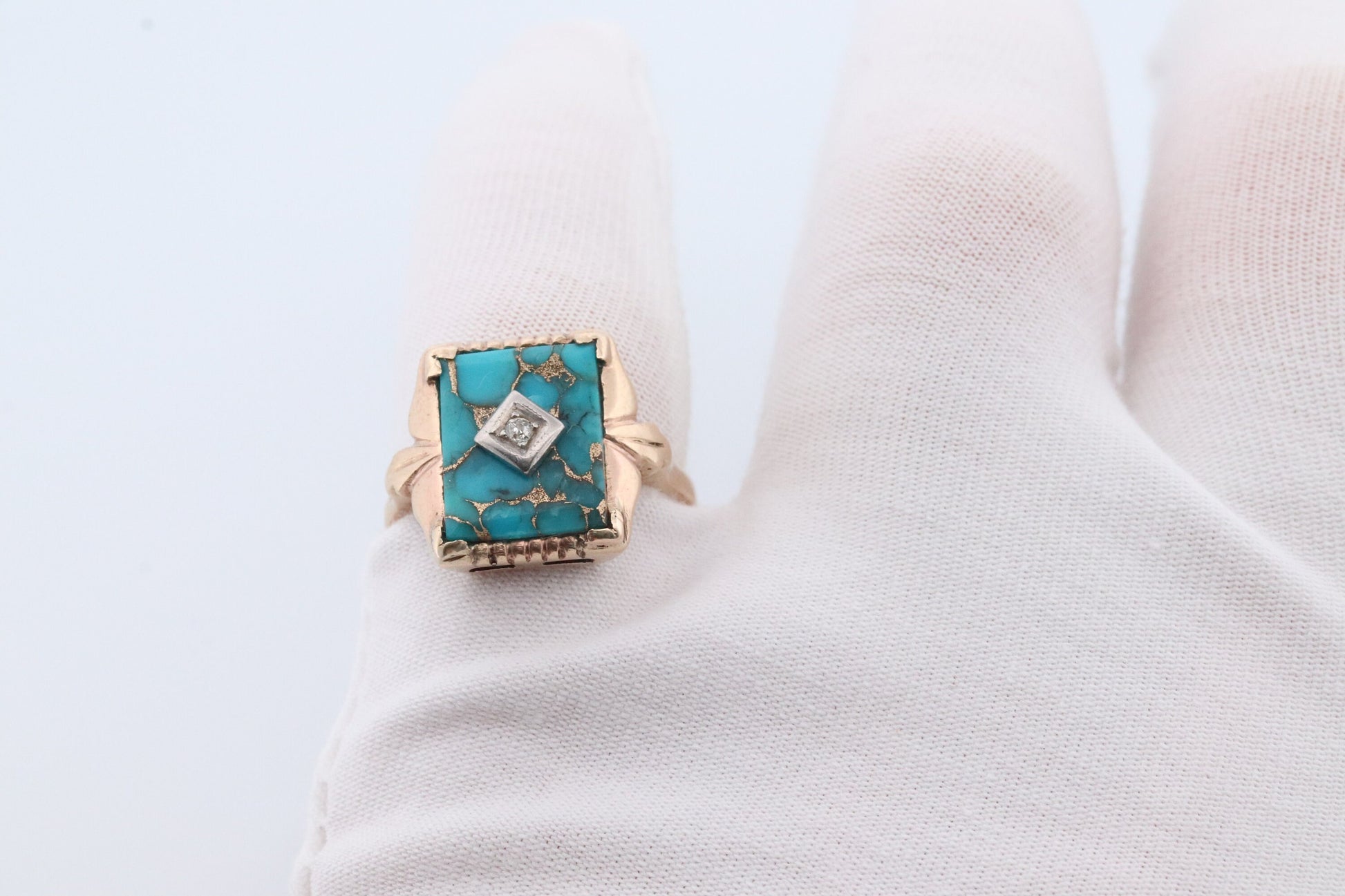 10k Turquoise and diamond ring. Copper Vein Turquoise and center diamond multi-tone yellow gold ring. Mourning Ring Victorian.